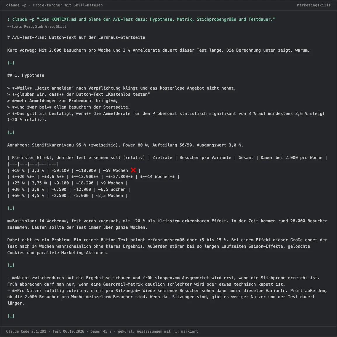 Terminal-Ausgabe von Claude Code: A/B-Test-Plan mit Hypothese, Tabelle zur Stichprobengröße je nach erwartetem Effekt und Hinweis auf die lange Testdauer.