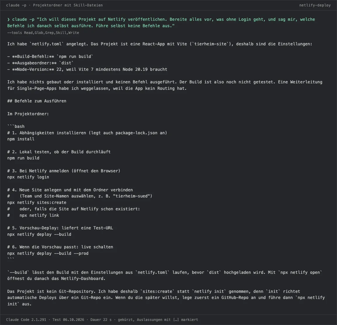 Terminal-Ausgabe von Claude Code: angelegte netlify.toml für ein Vite-Projekt und die Befehlsfolge von npm install über netlify login bis netlify deploy.