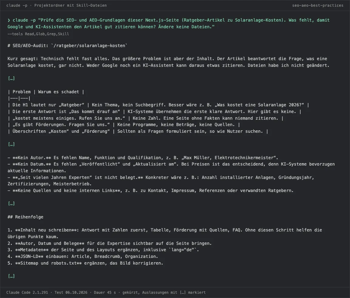 Terminal-Ausgabe von Claude Code: SEO- und AEO-Audit eines Solar-Ratgeber-Artikels, Fazit: Technisch fehlt fast alles, das größere Problem ist der Inhalt ohne konkrete Zahlen.