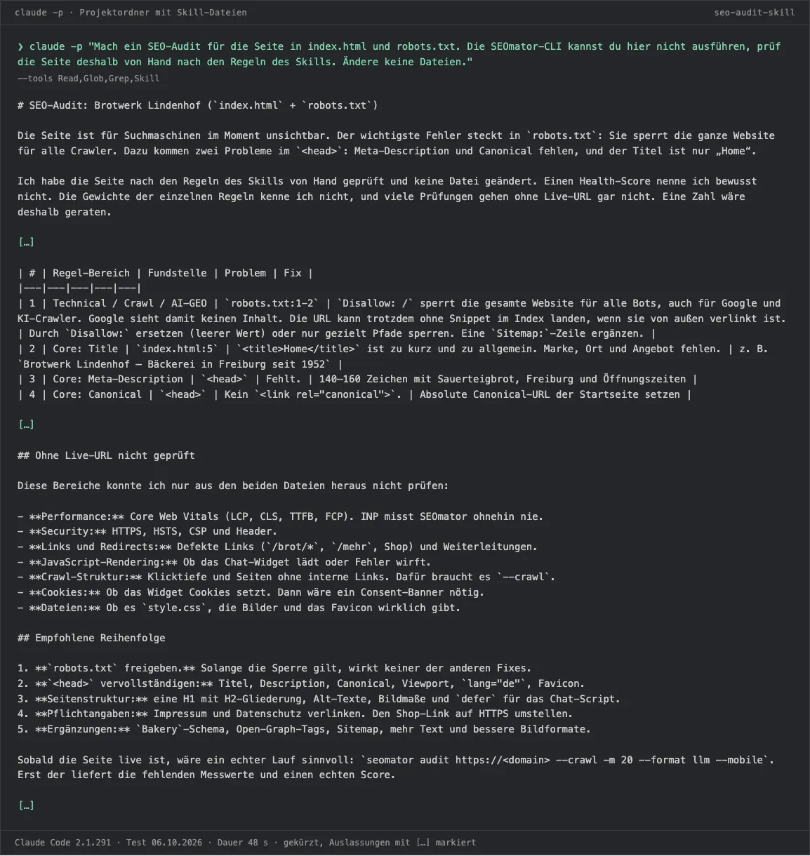 Terminal-Ausgabe von Claude Code: SEO-Audit einer Bäckerei-Startseite mit Tabelle der kritischen Befunde, angeführt von der robots.txt, die die ganze Seite sperrt.