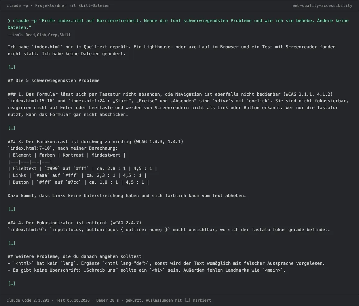 Terminal-Ausgabe von Claude Code: Barrierefreiheits-Prüfung einer Kontaktseite mit Befunden zu Tastaturbedienung, Kontrast-Tabelle und entferntem Fokusrahmen.